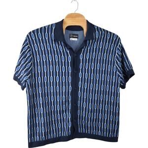 Original Use Knit Polo Shirt XXL – Retro Geometric Pattern Navy Blue